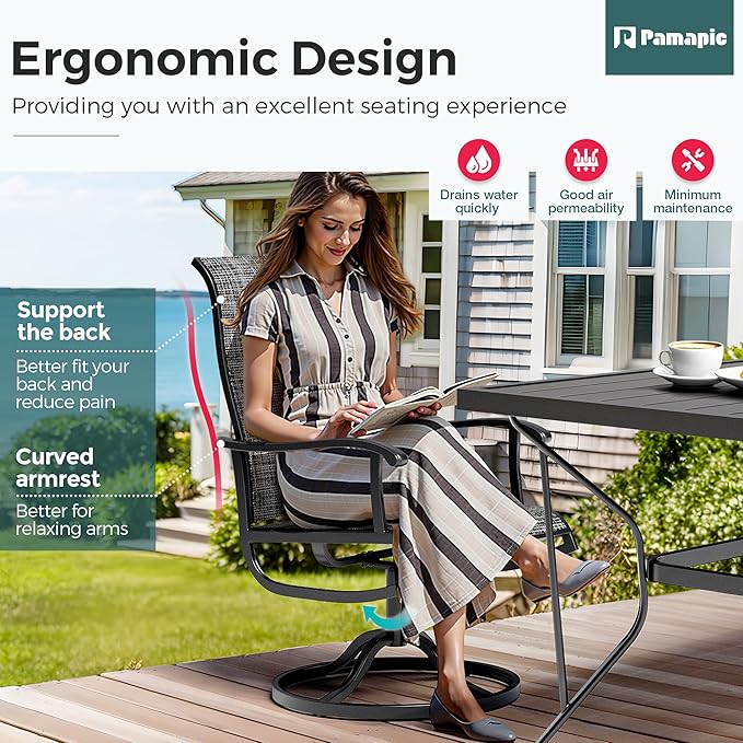 Pamapic 7-Piece Patio Dining Furniture Set with Swivel Chairs, Outdoor Table & 6 Textilene Chairs for Garden, Backyard, Pool, Deck, Gray