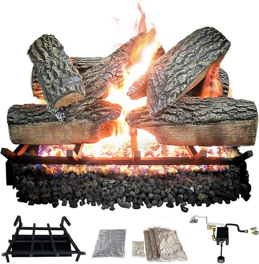 24" Premium Gas Logs - Safety Pilot Light Kit Included - for Liquid Propane Vented Fireplaces - Blazing Oak Design (Logs + Safety Pilot Light Kit)