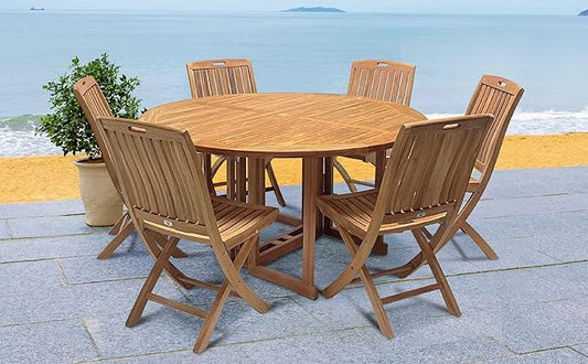 7 Piece Indoneisan Grade A Teak Outdoor Folding Dining Set. Patio Dining Set with One 59" Round Folding Round Table and 6 Folding Side Chairs