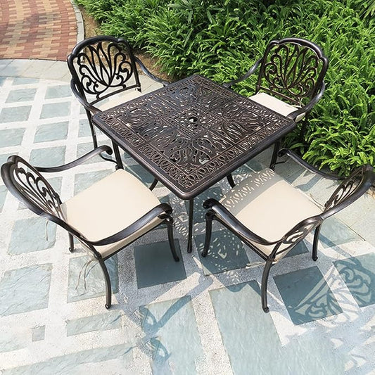 FAPOLITE Outdoor Table Cast Aluminum Square Patio Table with Umbrella Hole All Weather Outdoor Dining Tables for Lawn Garden Backyard (90 * 90cm YLSB Square Tables)