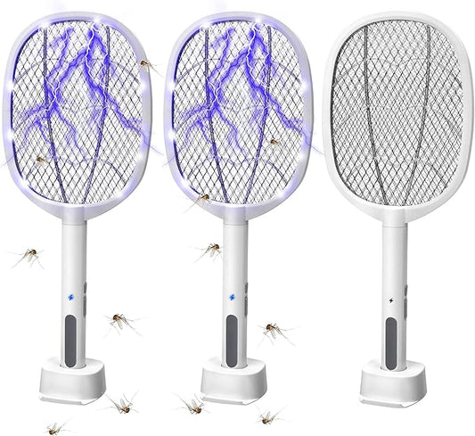 3 Packs Electric Fly Swatter Rackets, 2-in-1 Handhold Bug Zapper with 3000V High Voltage, Plug-in Mosquito Killer Insect Light Trap with 3 Layer Safety Mesh Portable for Indoor Outdoor Use