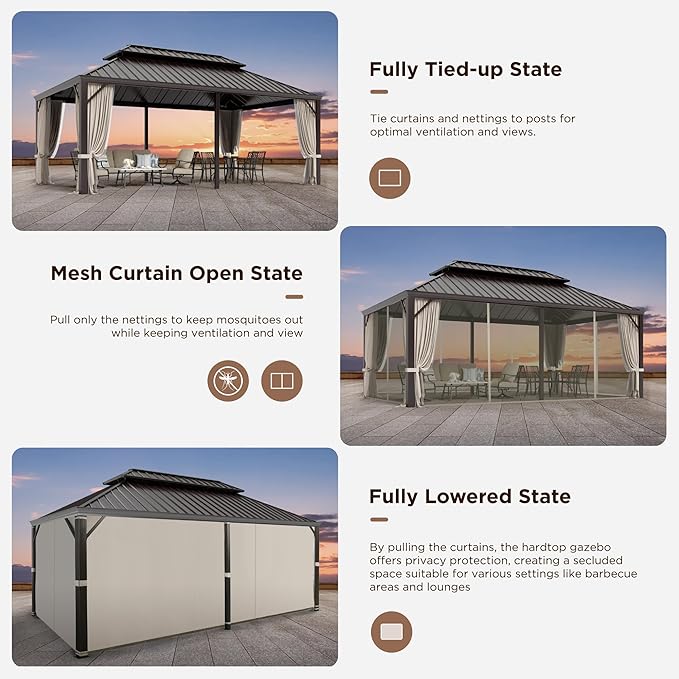 GREEN PARTY 12 X 20ft Hardtop Gazebo with Nettings and Curtains, Heavy Duty Double Roof Galvanized Steel, Outdoor Aluminum Gazebos Pergolas for Patios, Backyard, Deck, Garden, Lawns