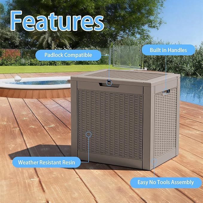 30 Gallon Outdoor Storage Box Waterproof,Outside Delivery Package Deck Box with Lockable Lid,Poolside Storage Bin for Garden Tools,Patio Cushion,Light Brown Rattan