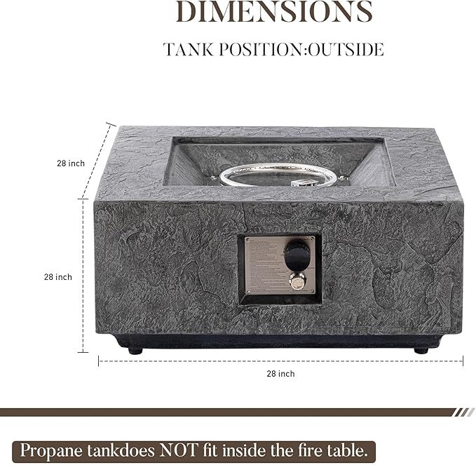Cosiest Propane Fire Pit for Outside, 28 in Square Gas Fire Pits for Outdoor Patio, Certified, 50000 BTU Concrete Rectangle Base with Rain Cover, Free Lava Rocks