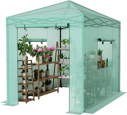 Greesum 8x6 FT Portable Pop-up Greenhouse with Center Lock, PE Cover, Zippered Door and 2 Roll-up Windows, Easy Assemble(Green)