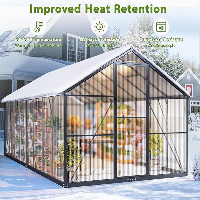Wanan 16x8FT Greenhouses for Outdoors, Quick Assembly Polycarbonate Green House with UV Protection, Heavy Duty Windproof Aluminum Frame, Adjustable Roof Vent for Backyard or Outdoor Garden Use
