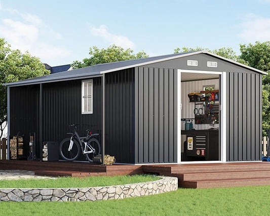 Jocisland 12x12x6.6 FT Galvanized Metal Storage Shed with Open Firewood Bay, Sliding Doors & Ramp, 2 Windows & Vents, Weather-Resistant Outdoor Tool/Garden Shed, Dark Grey/White
