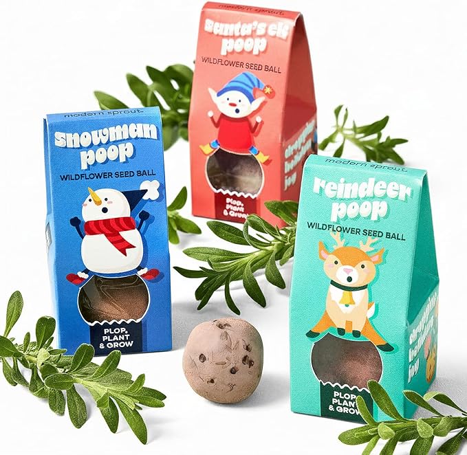Modern Sprout Wildflower Seed Ball Poop - Christmas Gift - Non-GMO, Hand-Rolled Clay Seed Bombs with Wildflower Seeds - Plop Plant & Grow Gardening Gift Set for Kids & Adults (Jingle Plop - Pack of 3)