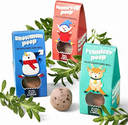 Modern Sprout Wildflower Seed Ball Poop - Christmas Gift - Non-GMO, Hand-Rolled Clay Seed Bombs with Wildflower Seeds - Plop Plant & Grow Gardening Gift Set for Kids & Adults (Jingle Plop - Pack of 3)