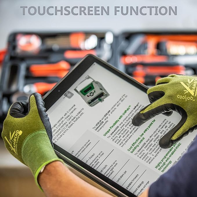 COOLJOB 2 Pairs Gardening Gloves for Women and Men, Bamboo Working Gloves Touchscreen, Grippy Nitrile Rubber Coated Work Gloves, Green/Black, Small Size (2 pairs S)