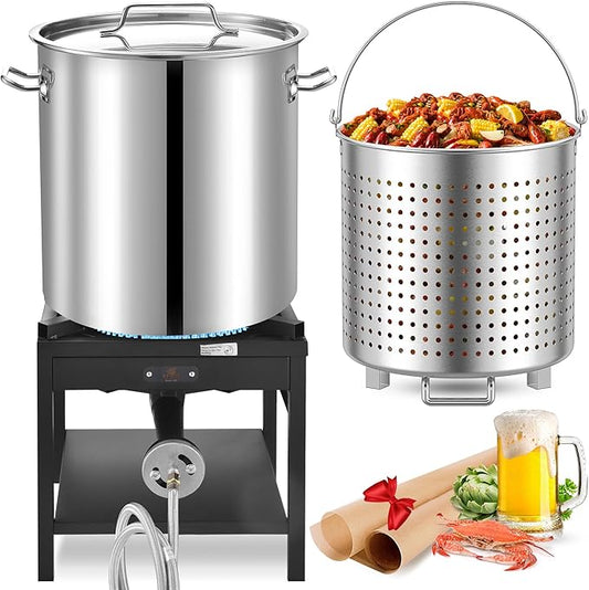 ARC 84QT Stainless Steel Seafood Boiling Kit with Strainer and 200,000BTU Propane Stove, Crab Crawfish Boil Pot and Burner for Outdoors Cooking and Steaming, Large Stockpot, Non-Assembly