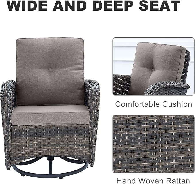 HUMMUH 5 Pieces Wicker Patio Furniture Set,Outdoor Swivel Gliders Rocker,Patio Ottomans,Glass Top Side Table,Outdoor Conversation Set for Porch Deck Backyard Poolside