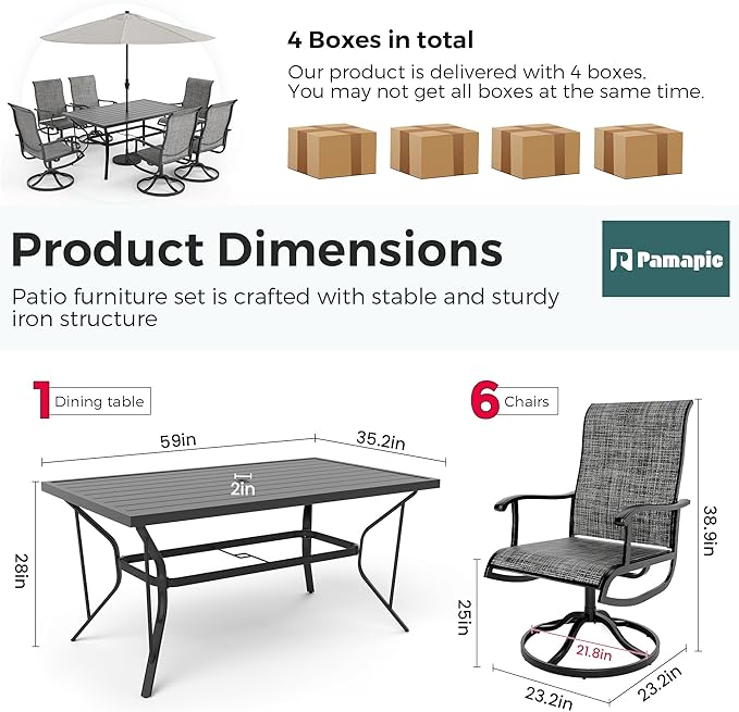 Pamapic 7-Piece Patio Dining Furniture Set with Swivel Chairs, Outdoor Table & 6 Textilene Chairs for Garden, Backyard, Pool, Deck, Gray
