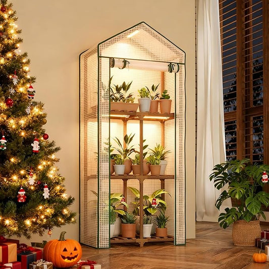 Bamworld Mini Greenhouse with Grow Light Plant Stand for Mutiple Pots Outdoor 3-Tierd Reusable Portable Warm House with PE Cover Compact Patio Boho Home Decor