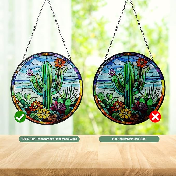 Wkyqes Cactus Handmade Stained Glass Window Hanging Suncatcher with Chain - 7.9" Arizona Outdoor/Indoor Art Decor for Home Garden, Wedding, Mother's, Valentine's & Christmas Ornaments Present