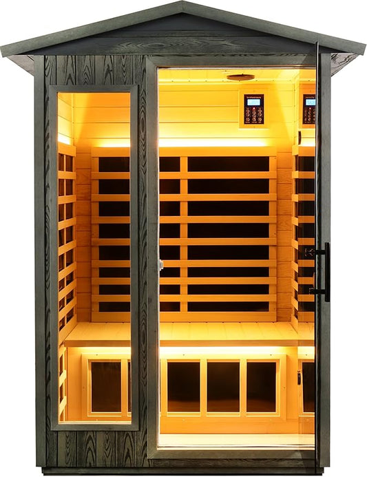 Ultra-Low EMF Outdoor Sauna 2-Person, Carbonized Composite Wood Far Infrared Sauna for Home, EMF 0.1-1mG, 6 Carbon Crystal Heaters, 360° Full Enclosure, Bluetooth & Chromotherapy (57.8*40.5*81.1 In)
