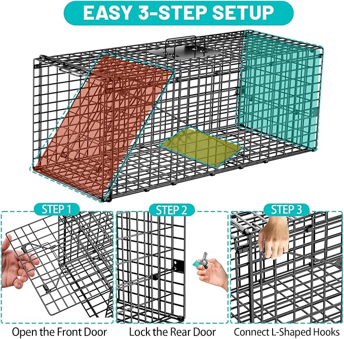 Live Humane Animal Trap, 32" x 11" x 12" Heavy Duty Humane Animal Cage Trap Catch and Release, Foldable Cat Trap for Stray Cats, Raccoons, Groundhogs, Opossums, Armadillos, and Similar-Sized Animals