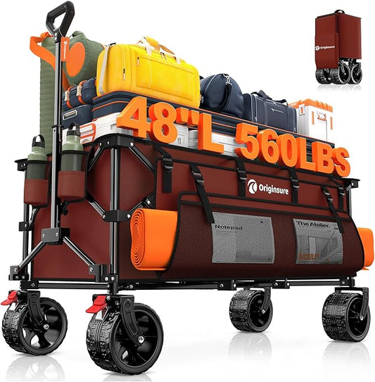 48" L Collapsible Wagon Cart Foldable, 560lbs Weight Capacity 300L Heavy Duty Folding Beach Wagons with Big All-Terrain Wheels, Utility Carts for Groceries, Shopping, Camping, Sports-red