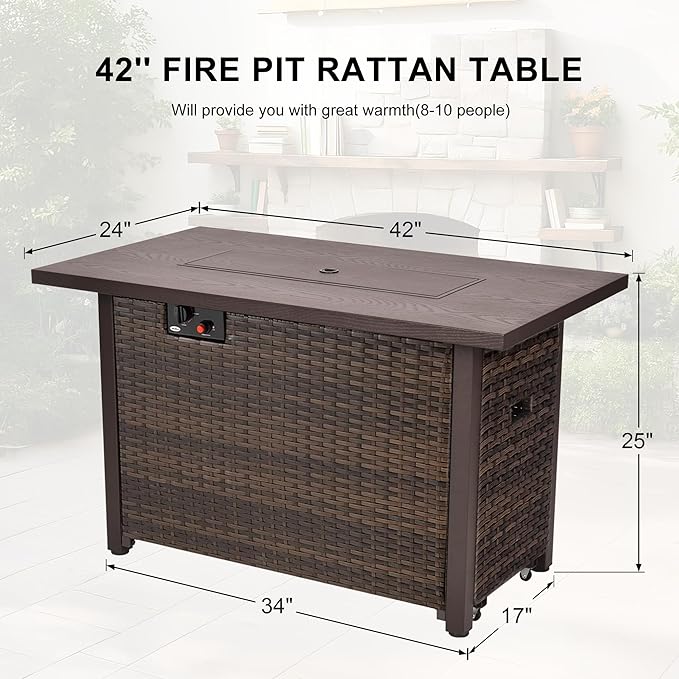 42 Inch Propane Fire Pit Table, 50,000 BTU Outdoor Gas Fire Pits with Removable Lid, 2 in 1 Rectangular Firepit Table for Outside Patio Deck and Garden