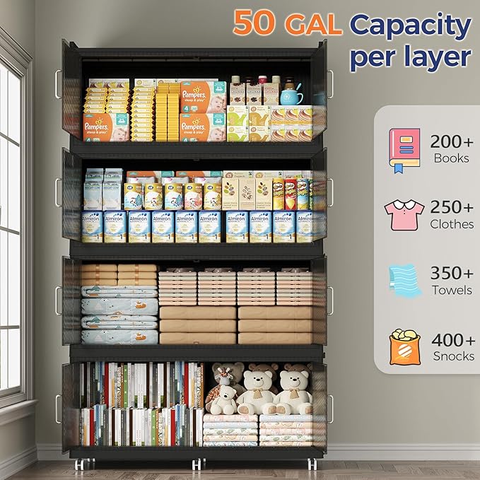 800QT Extra Large Storage Bins with Lid and Wheels, 200Gal Stackable Closet Organizers and Storage Cabinet, Collapsible Storage Box Drawer with Doors for Home Kitchen Office Dorm, 4Pack Black