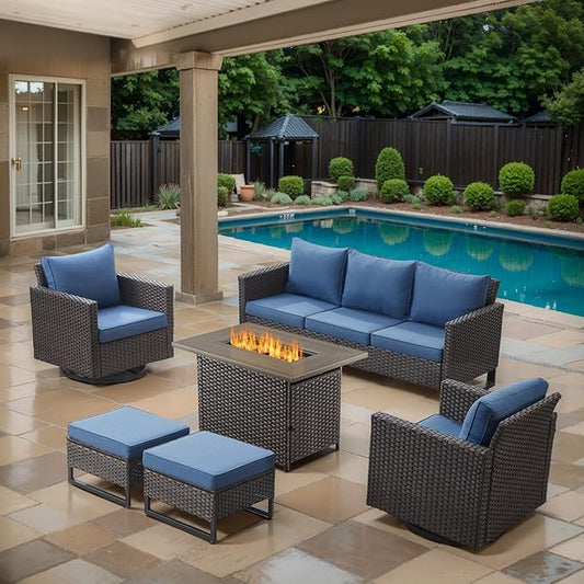 6 Piece Wicker Patio Furniture with Fire Pit Table - Outdoor Conversation Set with 50,000 BTU Fire Pit, All Weather Rattan Patio Set for Deck Backyard Garden - Brown Wicker Blue Cushion