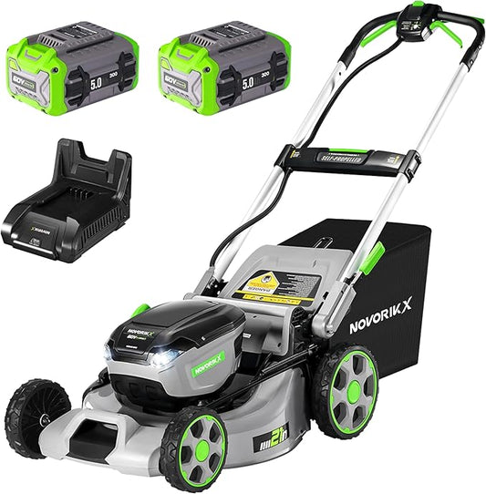 60V Self-Propelled Lawn Mower 21-Inch, Brushless Cordless Mower for Large Yards, Electric with LED Headlight, 2X5.0Ah Battery & Rapid Charger