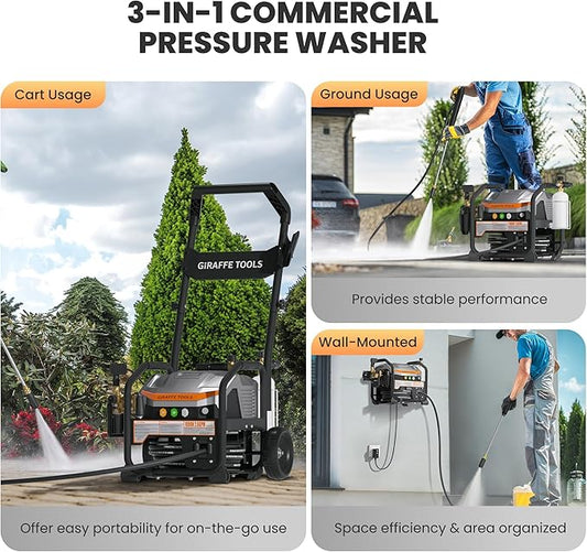 Giraffe Tools Electric UltraFlow Pressure Washer - Mount Versatility (Wall Mounted, Trolley & Freestanding), Electric Power Washer with 1000H All-Copper Pump, Brushless Motor & 60dB Ultra-Quiet