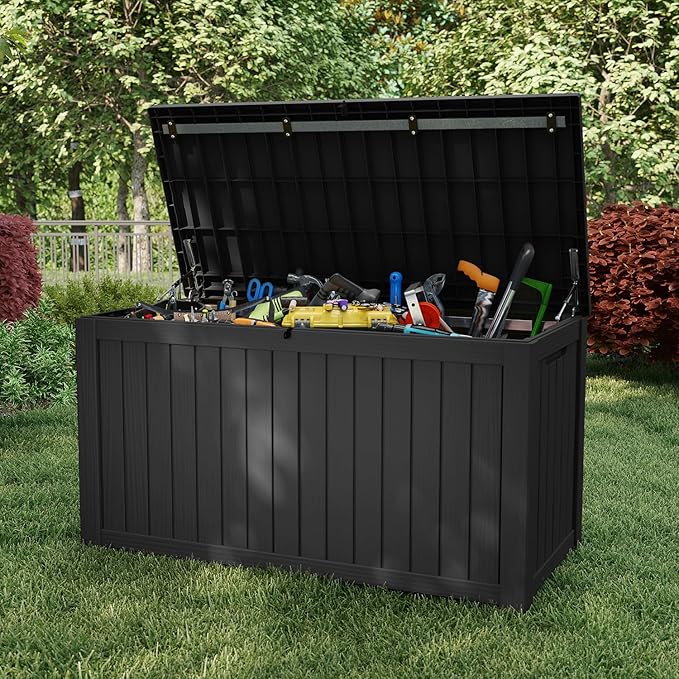 GYMHlLL 180 Gallon Deck Box Large Outdoor Storage Box for Patio Furniture,Outdoor Cushions,Garden Tools and Pool,Supplies,Waterproof,Resin,Lockable(black)