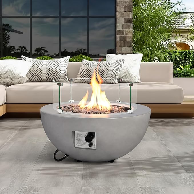 31.5 Inch Round Outdoor Propane Fire Pit Table,50000 BTU Concrete Fire Pit with Glass Wind Guard,CSA Certified,Includes Steel Lid & Weather Cover for Patio,Backyard,Deck Garden