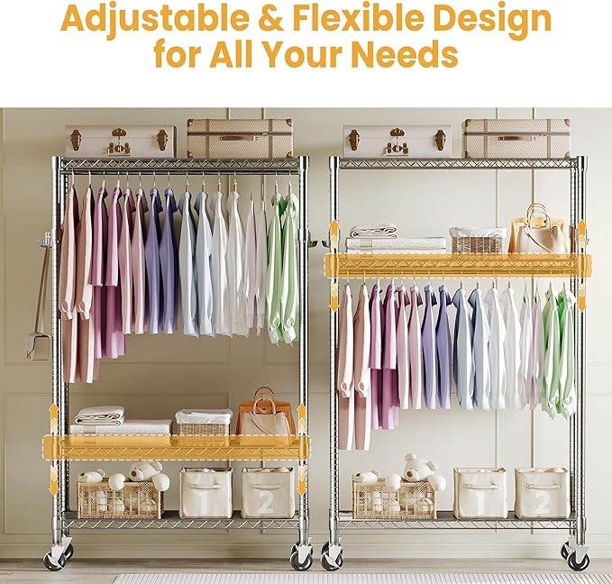 75" Clothes Rack with Wheels, 694LBS Load Heavy Duty Metal Garment Rack with 22 mm pipes, Freestanding Clothing Racks with Adjustable Storage Shelves Hanging Rod & Side Hooks for Hanging Clothes