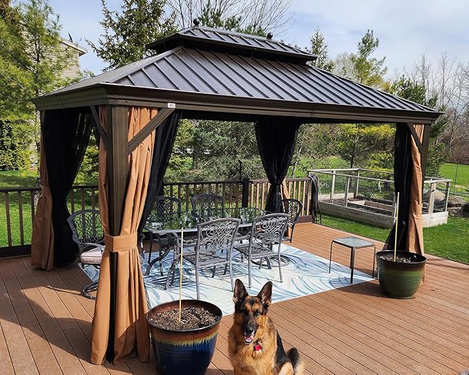 PURPLE LEAF Hardtop Gazebo 10' X 12' Metal Roof with Netting and Curtains Hard Top Backyard Patio Gazebos Permanent Canopy Deck Garden Hot Tub Outdoor Pavilion