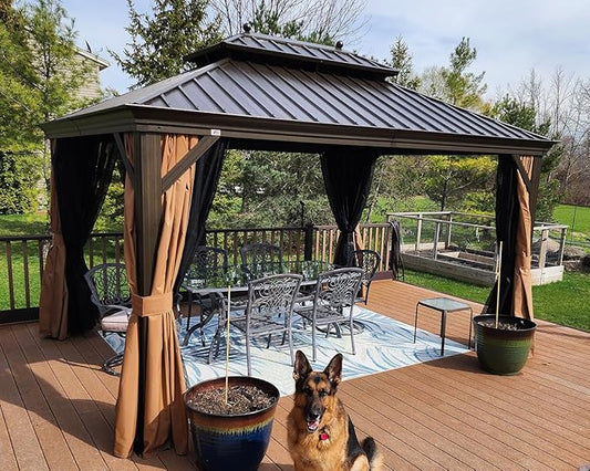 PURPLE LEAF Hardtop Gazebo 10' X 12' Metal Roof with Netting and Curtains Hard Top Backyard Patio Gazebos Permanent Canopy Deck Garden Hot Tub Outdoor Pavilion
