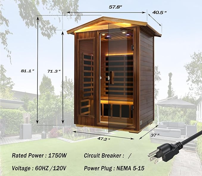 LTCCDSS Ultra-Low EMF Red Cedar Sauna 2-Person, Outdoor Far Infrared Sauna for Home, EMF 0.1-1mG, 6 Carbon Crystal Heaters, Bluetooth & Chromotherapy (57.8 * 40.5 * 81.1 inch)