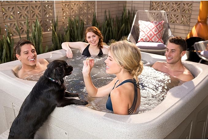 LifeSmart 4-Person Hot Tub – Outdoor Spa with 13 Jets, LED Lights, Cover & Side Step – Taupe-Colored Above-Ground Spa for Home Use