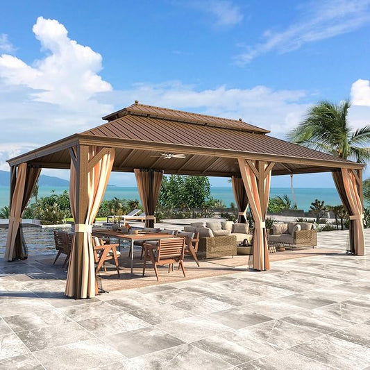 MELLCOM 14' x 24' Hardtop Gazebo,Galvanized Steel Metal Double Roof with Curtain and Netting,Brown Permanent Pavilion Gazebos with Aluminum Frame for Patios,Gardens,Lawns