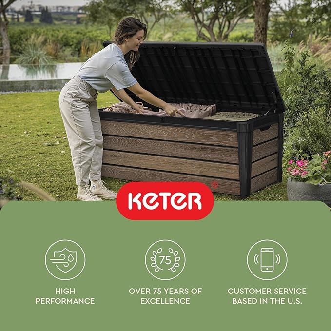 Keter Signature Collection 120 Gallon Resin Deck Box Organization and Storage Box for Patio Outdoor Cushions, Throw Pillows, Garden Tools and Pool Supplies, Walnut