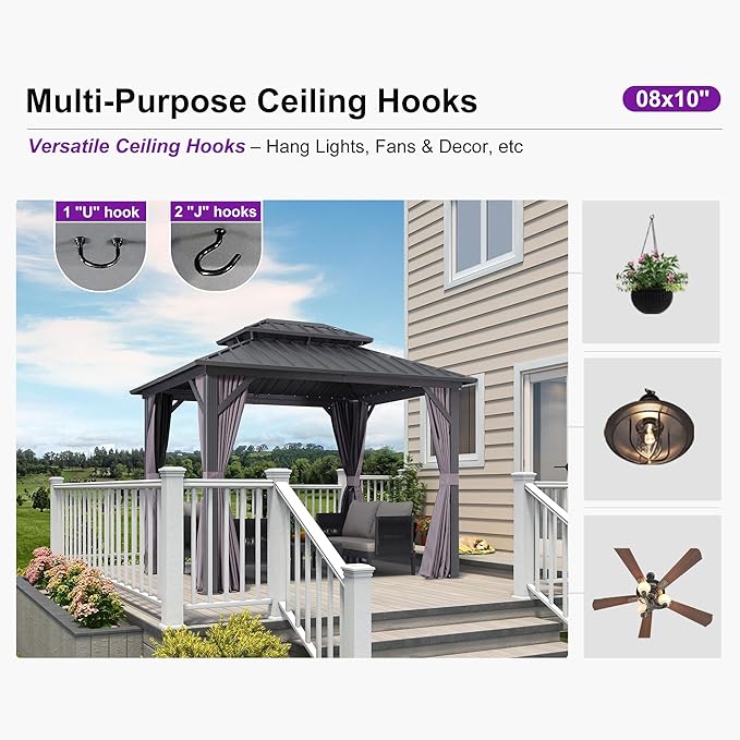 PURPLE LEAF 8' X 10' Permanent Hardtop Gazebo with Galvanized Steel Double Roof for Patio Lawn Garden Aluminum Gazebo with Netting and Curtains Grey