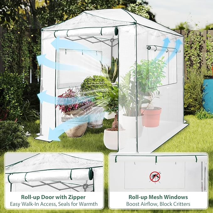 EAGLE PEAK Instant Pop-up Greenhouse, Indoor Outdoor Plant Gardening Green House, Roll-Up Zipper Doors and Side Windows, Walk in 8x6 ft, White/Clear