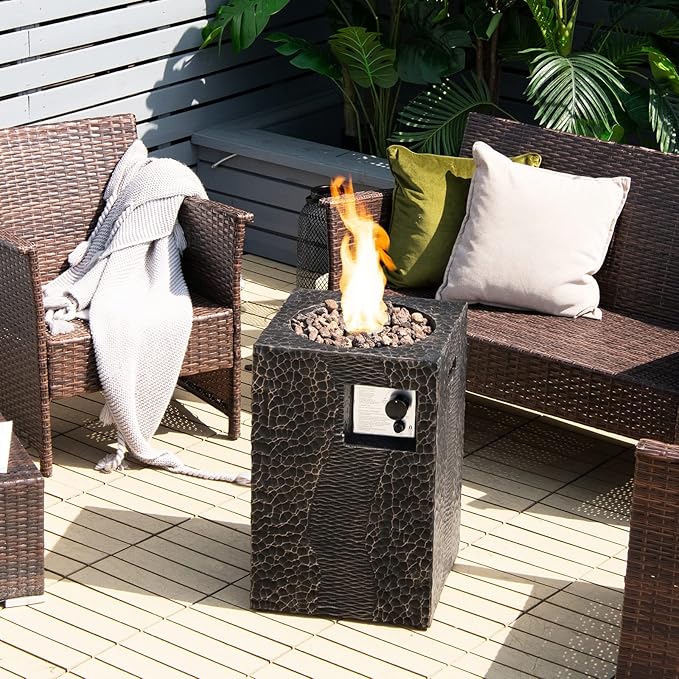 Tangkula 16 Inch Patio Propane Fire Pit, Patiojoy Electronic Ignition Square Gas Fireplaces with Protective Cover, 30,000 BTU Outdoor Fire Pit with Lava Rocks, Touch-up Pen for Backyard, Patio (Black)