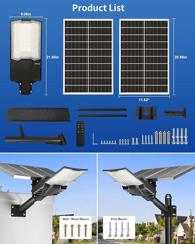Ofuray OL-8000W Solar Street Lights Outdoor,OHF-Plus 40,000Mah High Power Solar Security Flood Lights Parking Lot Lights Commercial Dusk to Dawn,IP67 6500k Led with Remote for Street,Court,Barn
