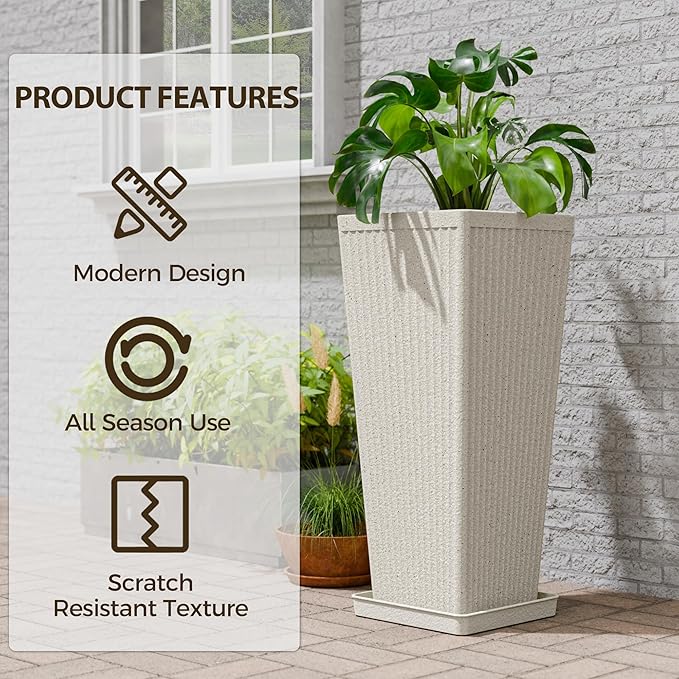 Tapered Tall Planters for Outdoor Plants 2 Pack- 23.6 Inch Heavy-Duty Classic Square Indoor Flower Pots with Drainage Holes/Partition/Tray, Large Outdoor Planters for Porch Patio, Beige