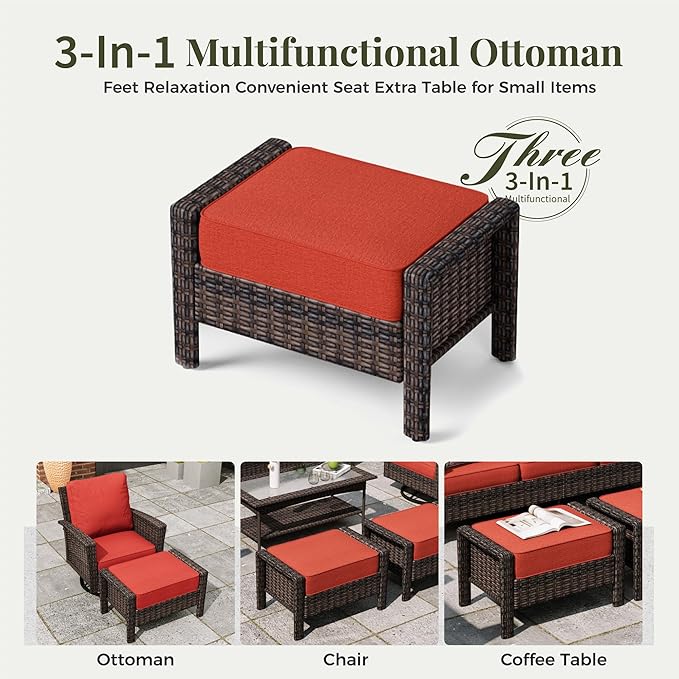 5-Piece Wicker Patio Furniture Set, High Back Outdoor Swivel Chairs with Comfy Ottoman, 5.5-inch Thick Cushion, All-Weather Wicker Patio Conversation Set for Deck Yard Pool, Red