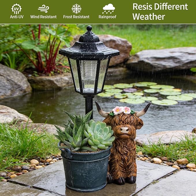YEPOTUE Solar Highland Cow Outdoor Statue, Garden Decor with Flowerpot & Lantern Highland Cow Figurines for Yard Art Lawn Ornaments Porch Patio Balcony - Gifts for Women Mom