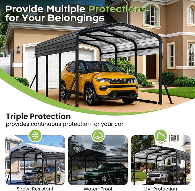 Heavy Duty Metal Carport Canopy, 10x15 FT Outdoor Car Port with Waterpoorf Metal Roof& Side Support Rods, Multi-Use Shelter Outdoor Garage for Car, Boats and Truck