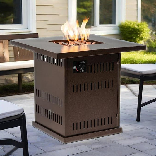 Propane Fire Pit Table, 28" Firepits for Outside, Gas Fire Pit for Outside Patio, Propane Fire Table with Steel Lid, Rocks for Deck, Backyard, 50000BTU, Tank Inside, Tank Not Included, Brown