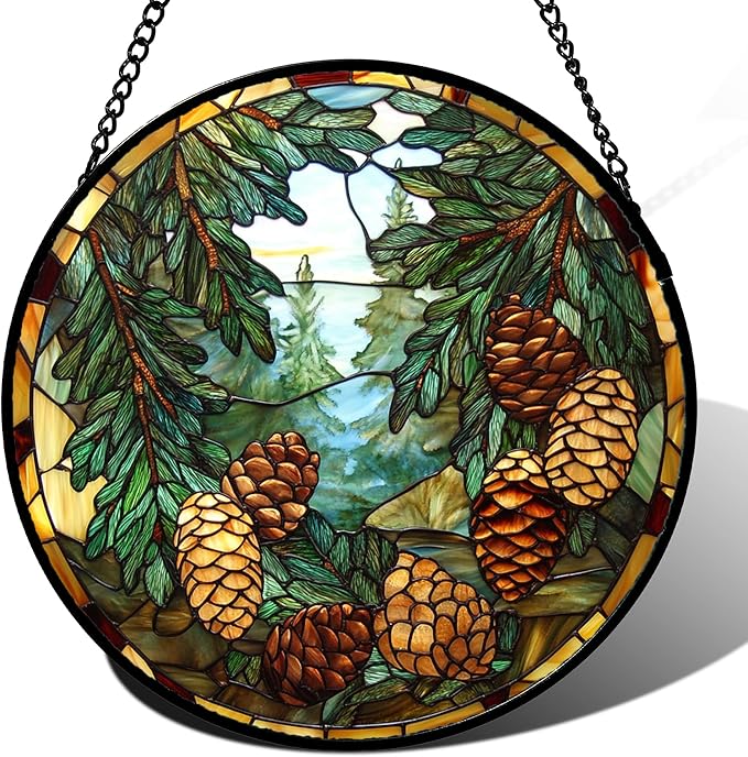 QZQCBLC Stained Glass Window Hanging Forest Pine Cone Landscape 9.8" - Green Suncatcher Door Terrace Garden Sun Catcher Home Decor Birthday Christmas for Mom Men Woman Wife