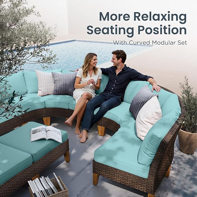 PHI VILLA 6-Piece Wicker Patio Furniture Set with Fire Pit Table, Outdoor Half-Moon Curved Sectional Sofa with Cushions, 56” Gas Fire Pit Table and Ottomans, Aqua Blue