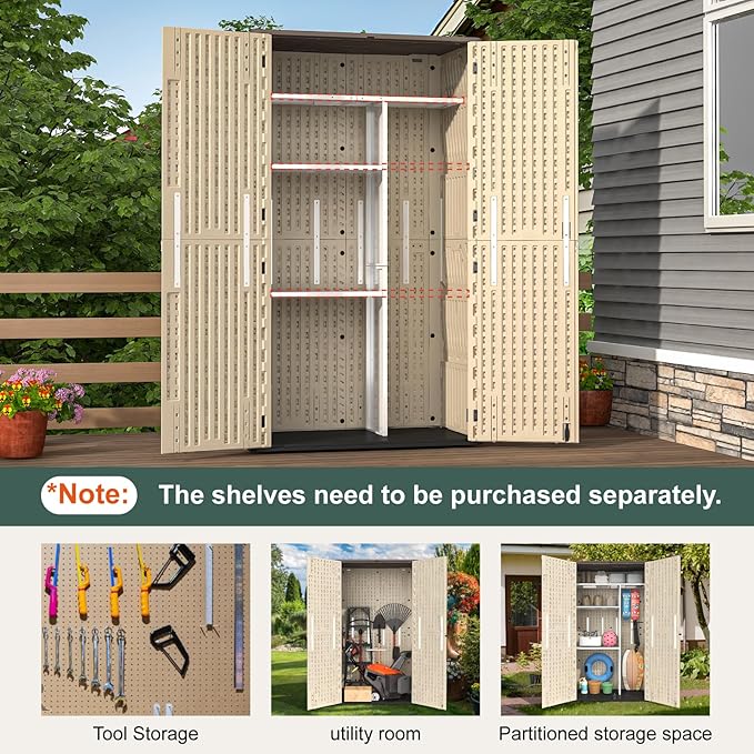 Vertical Outdoor Storage Shed, 60 Cu.Ft Resin Storage Cabinet Waterproof with Lockable Floor, All-Weather Tall Backyard Shed for Patio Furniture, Garage, Garden, Porch (Khaki)