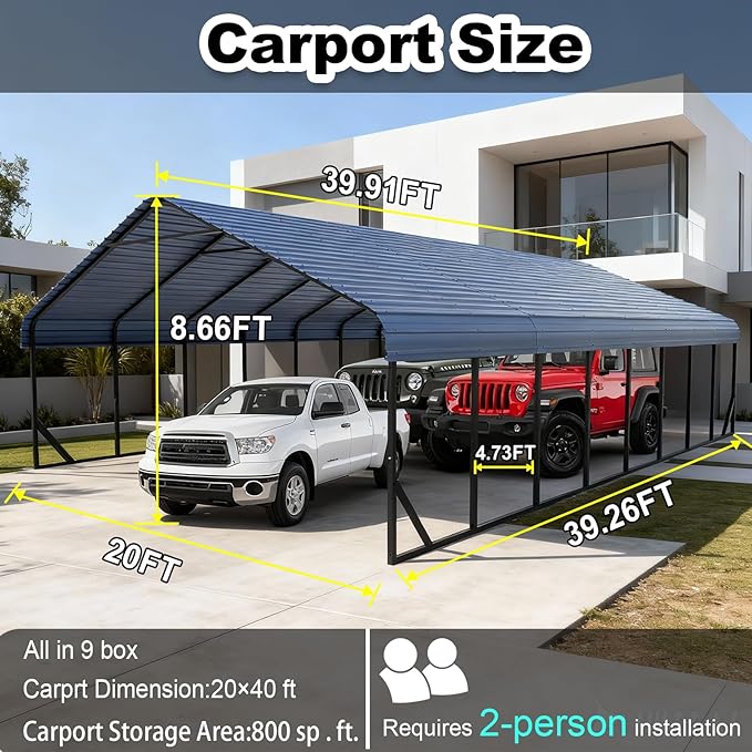 20x40 ft Metal Carport for Outdoor Garages Steel Heavy Duty Portable Garage with Large Tall Carports Canopy for Snow, Car Ports with Galvanized Steel Roof & Frame - Grey