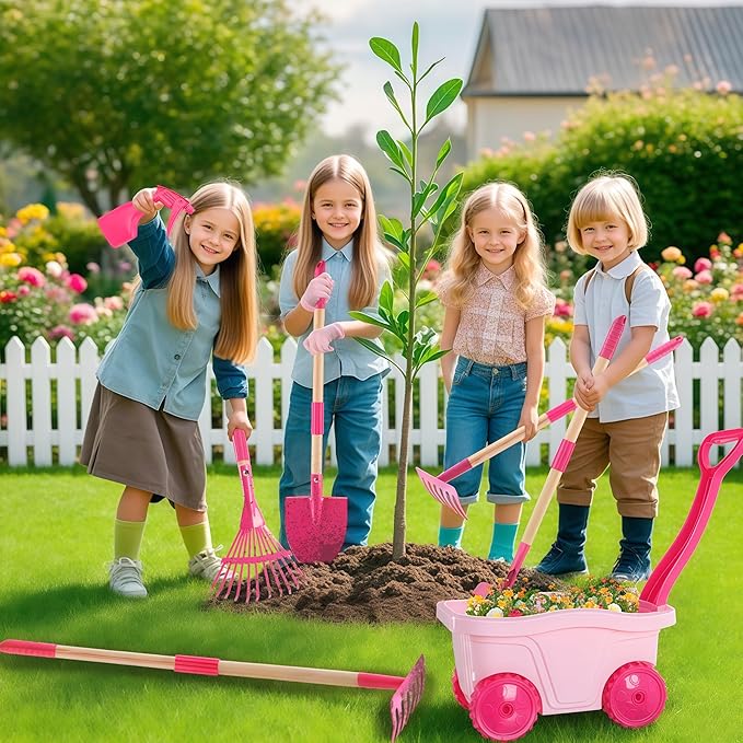 Duckura Kids Gardening Tools Set - 7pcs Wheelbarrow Set for Kids with Shovel, Rake, Leaf Rake, Summer Outdoor Yard Digging Weed Toys, Valentine's Birthday Gifts for Boys Girls Age 2 3+ Years Old(Pink)